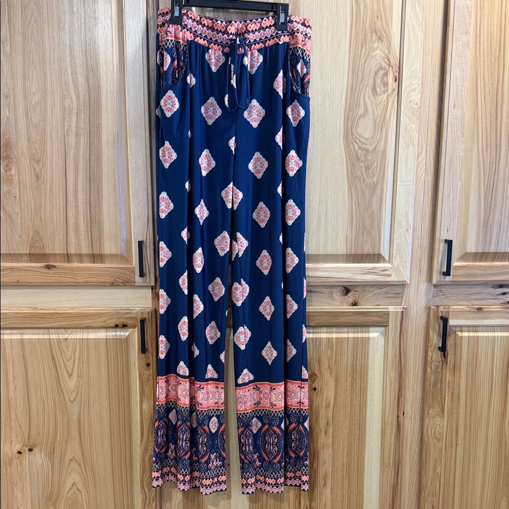 Women's Sandiva Palazzo Navy Gorgeous Patterned Cover Up Resortwear Pants Sz M